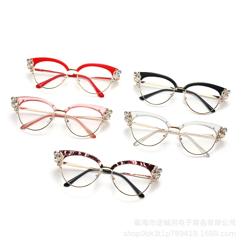 Women Rhinestone Cat Eye Blue Light Blocking Glasses Full Frame Flat Lens Elegant Party Costume Eyewear for Round Face