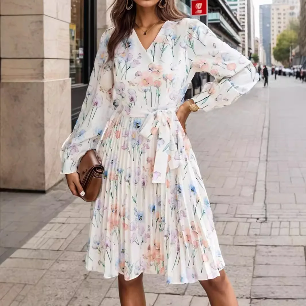 

Elegant Ladies Midi Dresses 2024 Autumn Long Sleeved Pleated Lace Up Dress Vestido Blanco Vestido Midi Feminino Floral Dress