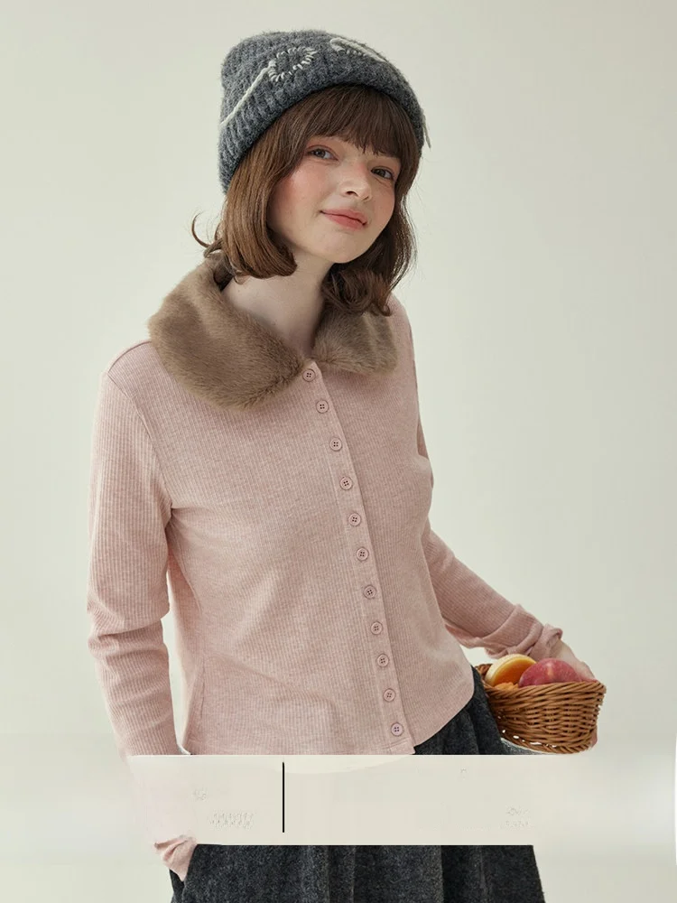 

AMUU Original Sweet Pink Detachable Fur Collar Button up Long Sleeve Women's T-Shirt Slimming Winter New Style Standard Fit