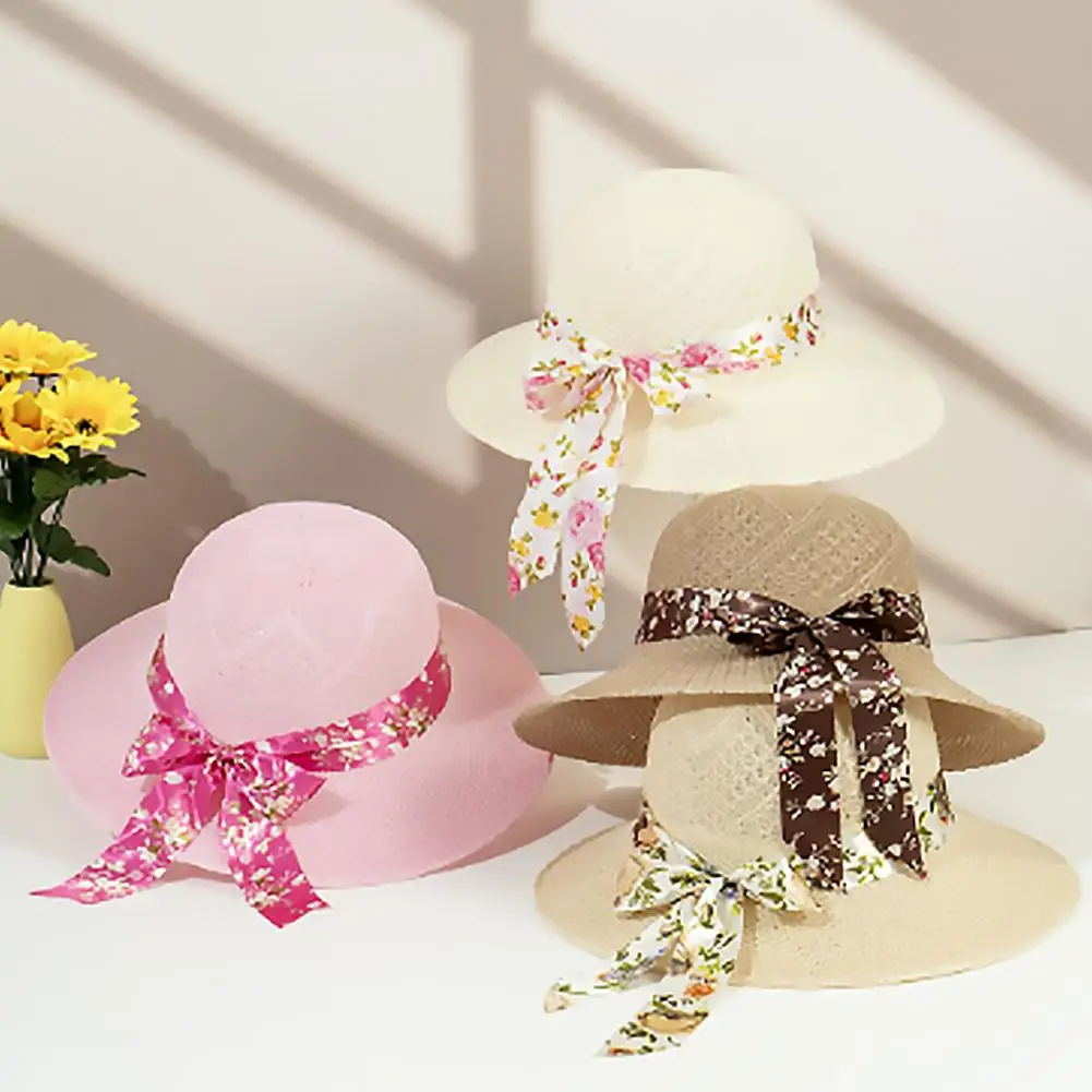 Ladies' sun hat  Sun Hat Beach Ladies Fashion  Elegant Floral Bowknot Ribbon Sun Hats Vintage Straw Hats Hat Wide Brims Hats