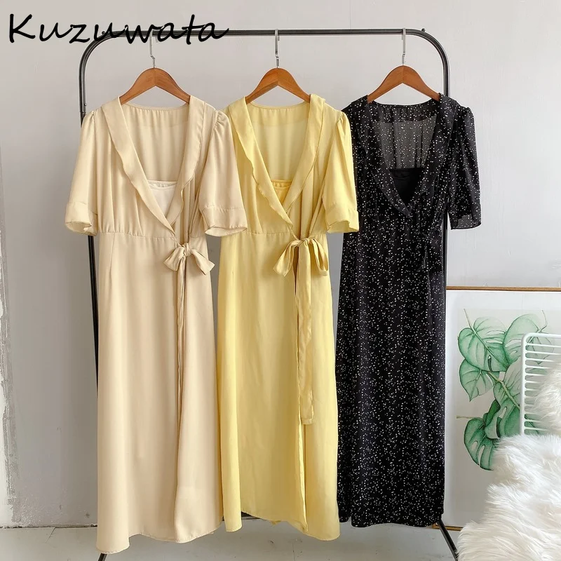 Kuzuwata 2024 Summer New French Style Temperament Vestidos V Neck Fungus Cross Drawstring Bowknot Dresses Women Robe with Camis