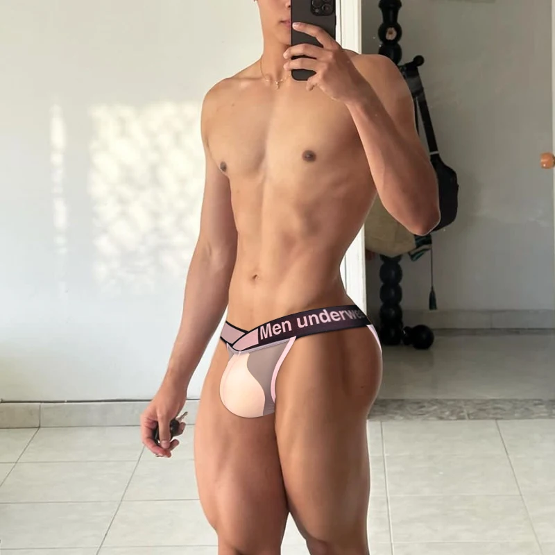 Ropa interior Sexy para hombre, Tanga con parte trasera en T, lencería erótica transparente de encaje de tiro bajo, bragas Sissy