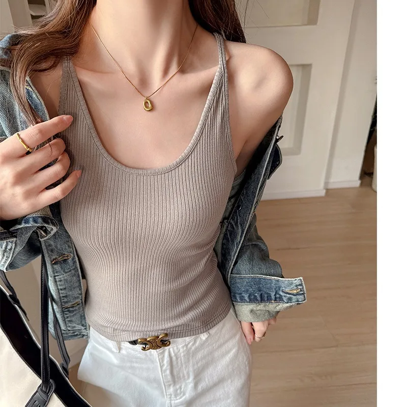 Minimal Solid Ribbed Cotton Women U Neck Slim Fit Tank Tops Basic Inner Wear Sexy Figure Flattering Sleeveless Camisole