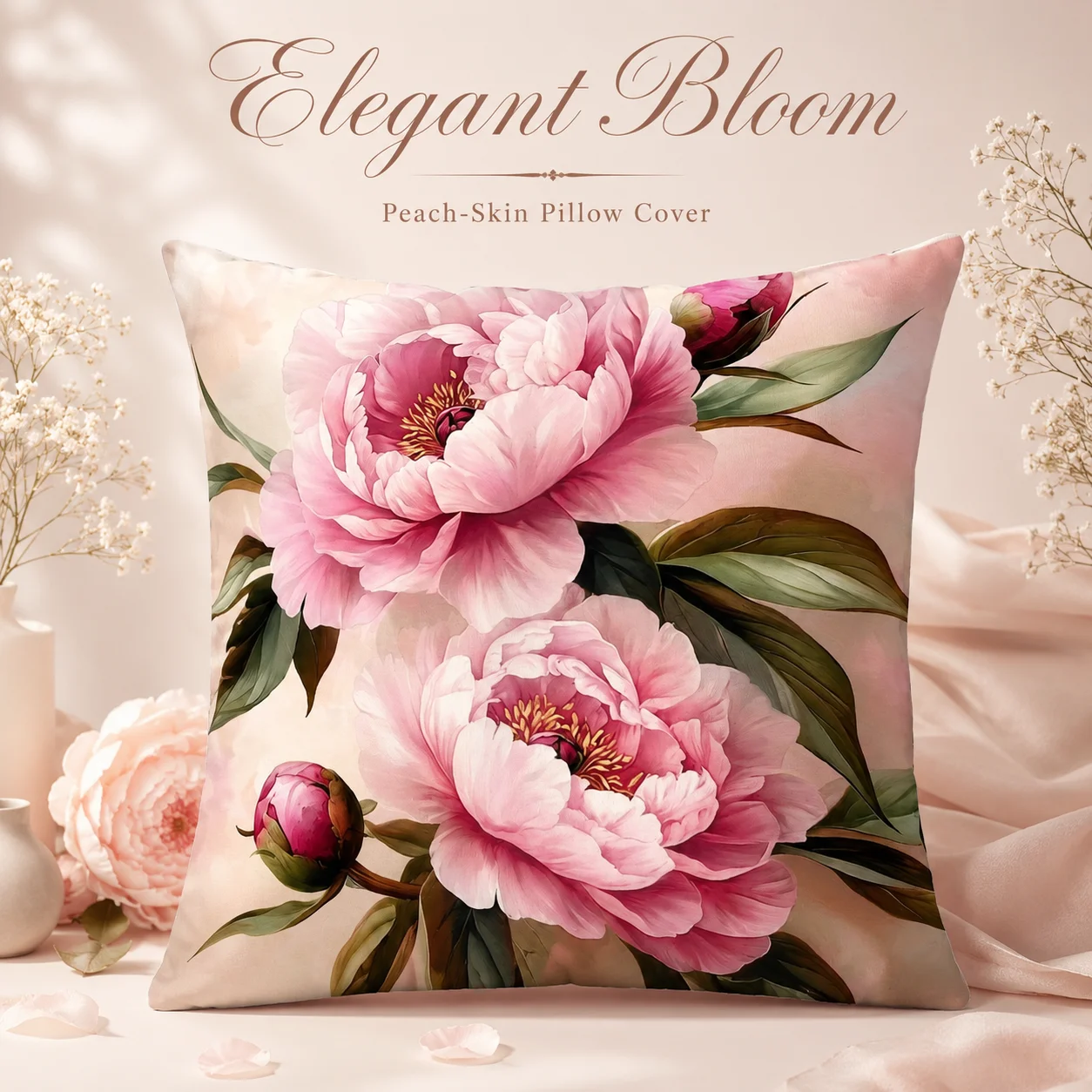 

Romantic Pink Floral Pillowcase Peach Skin 2D Flat Printed Plant Cushion Cover Spring Decor For Sofa Living Room Chair