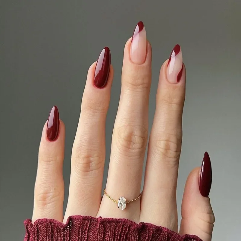 

24 Pcs Reusable 2025 Realistic False Nails with Charms for Gluing Wine Red Simple Almond Medium Press on Acyrlic Nails with Glue