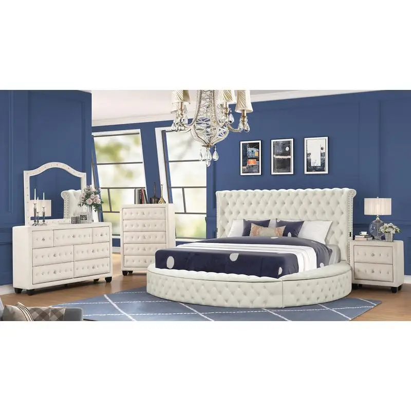 Modern Style Queen 5PC Bedroom Set with USB Ports Made of Wood in Cream Color