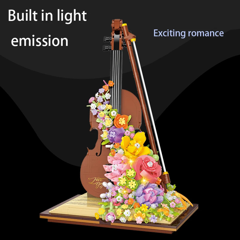 Woma Brand Building Blocks Toys Violin Music Box Building Block Toy Illuminated Lighting Flower Decoration Kids Gift Toys