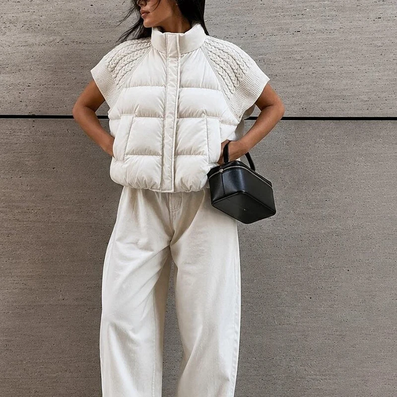Women's Chic Cropped Puffer Vest Sleeveless Cable Knit Patchwork Stand Collar Zip Up Padded Gilet Casual Fall Winter Waistcoat