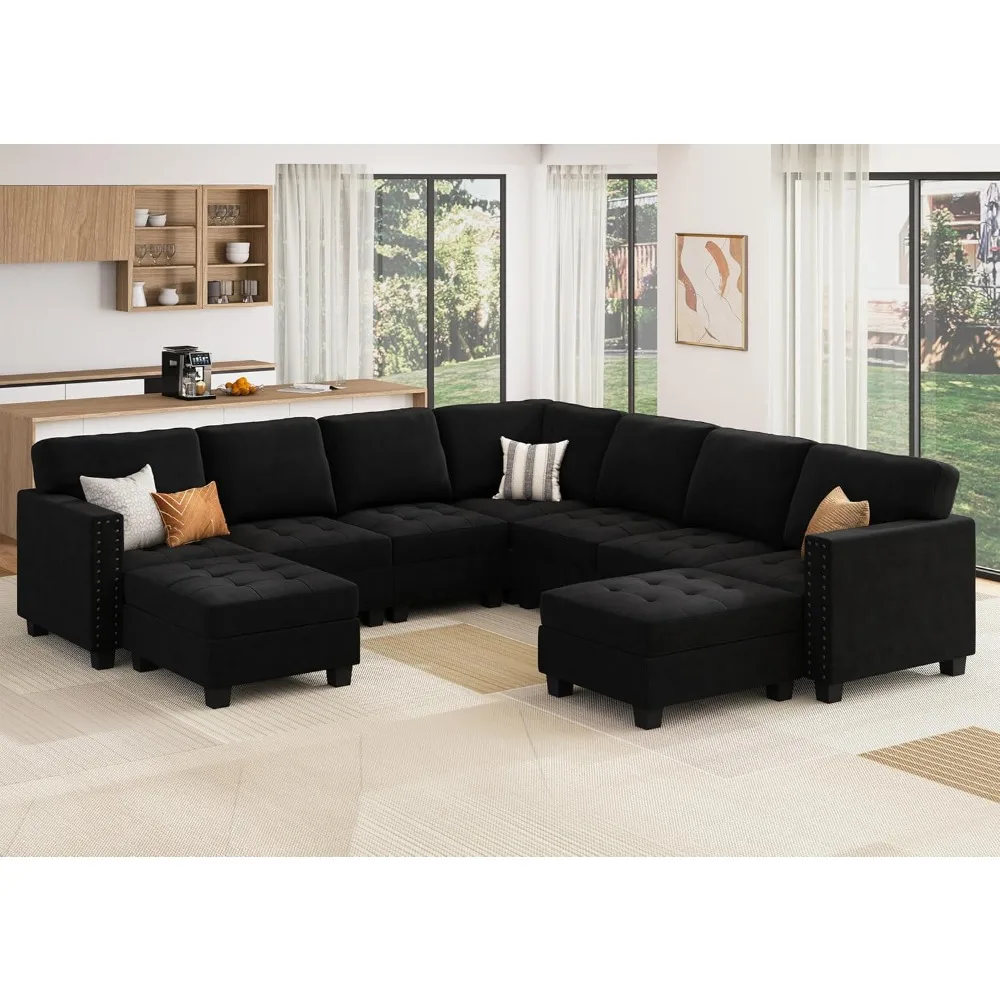 Velvet Convertible Sectional Couch, U Shaped Sectional Sofa with Chaise Modular Sectional with Storage Ottoman Corner Cou