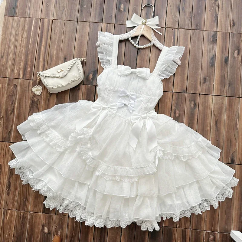 Original Design New Summer Lolita Dress Women\'s Sweet Flower Wedding Lace Bowknot JSK Sling Dress Black and White Princess Dress