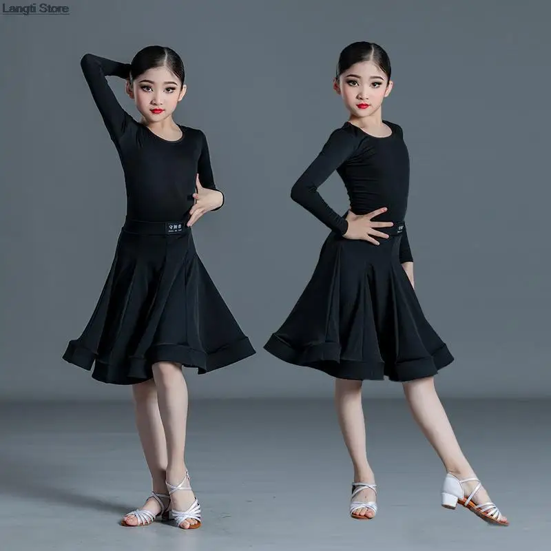 Children Latin Dance Dress Girls Long / Short Sleeve Lace Mesh Mordern Ballroom Dancing Dresses Kids Ballroom Salsa Tango Skirt