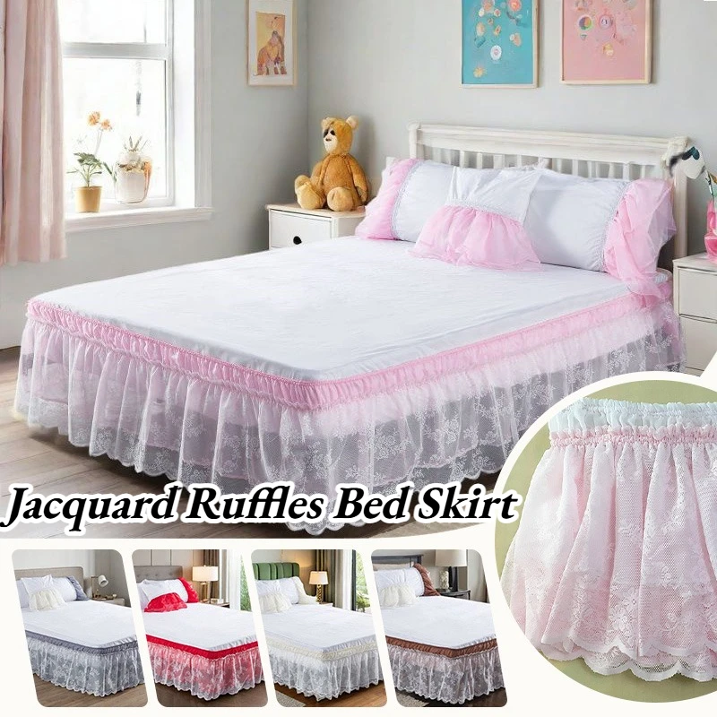 Solid Color Two Layers Lace Jacquard Ruffles Bed Skirt With Widen Strong Elastic Belts-40cm High (No Pillowcase or Sheet)