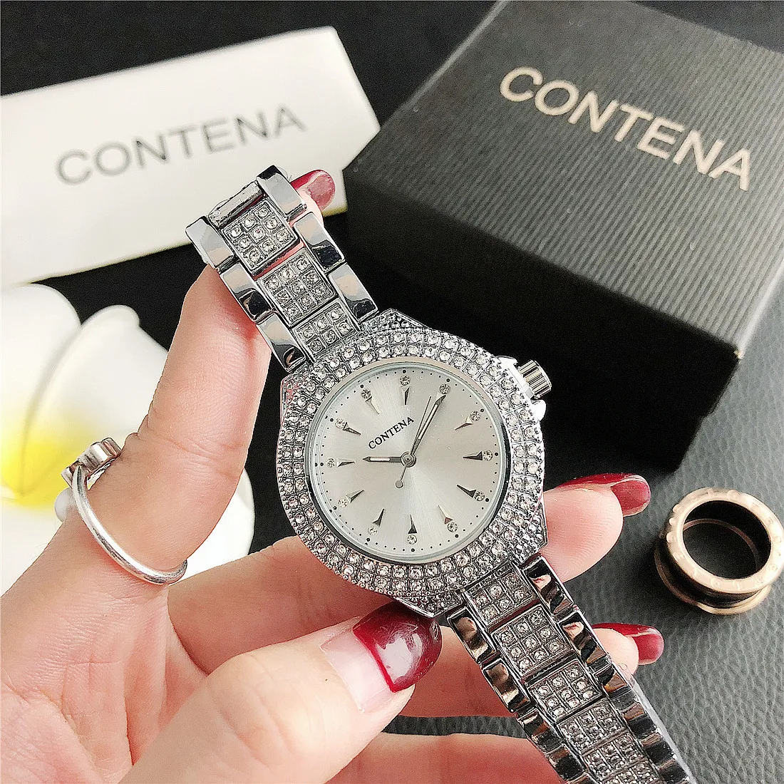 Women Watches Contena Luxury Diamond Women Watches Fashion Stainless Steel Quartz Watch Business Dress Ladies Clock montre femme