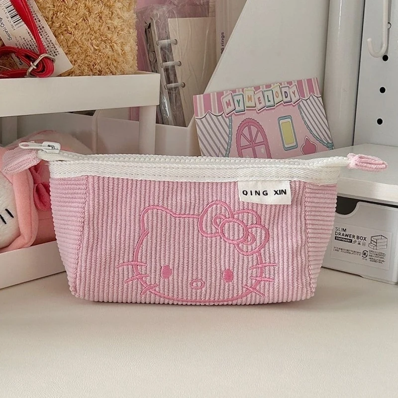 Pink Kawaii Holle Kitty Pencil Bag Cartoon Cute Corduroy Large Capacity Pencil Bag Japanese Vintage Charms Cosmetic Storage Bags