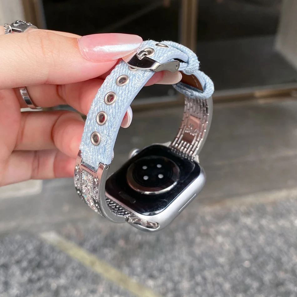 سوار فاخر بنقشة مميزة لساعة Apple Watch 38 مم 40 مم 41 مم 42 مم 44 مم 45 مم 46 مم 49 مم، سوار Iwatch Series 10 9 8 7 6 5 4 3 2 SE مصنوع من جلد الدنيم فائق النحافة