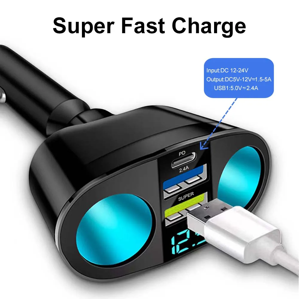 محول شاحن سيارة USB من النوع C أجهزة متعددة مشحونة في نفس الوقت مع محول شاحن سيارة USB مزدوج المنفذ بشاشة رقمية