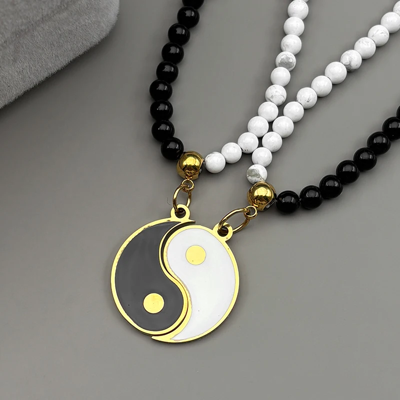تاي تشي يين يانغ زوجين سلسلة للنساء الرجال الفولاذ المقاوم للصدأ أبيض أسود الخرز الصينية الفن الإيمان قلادة القلائد مجوهرات هدية #1