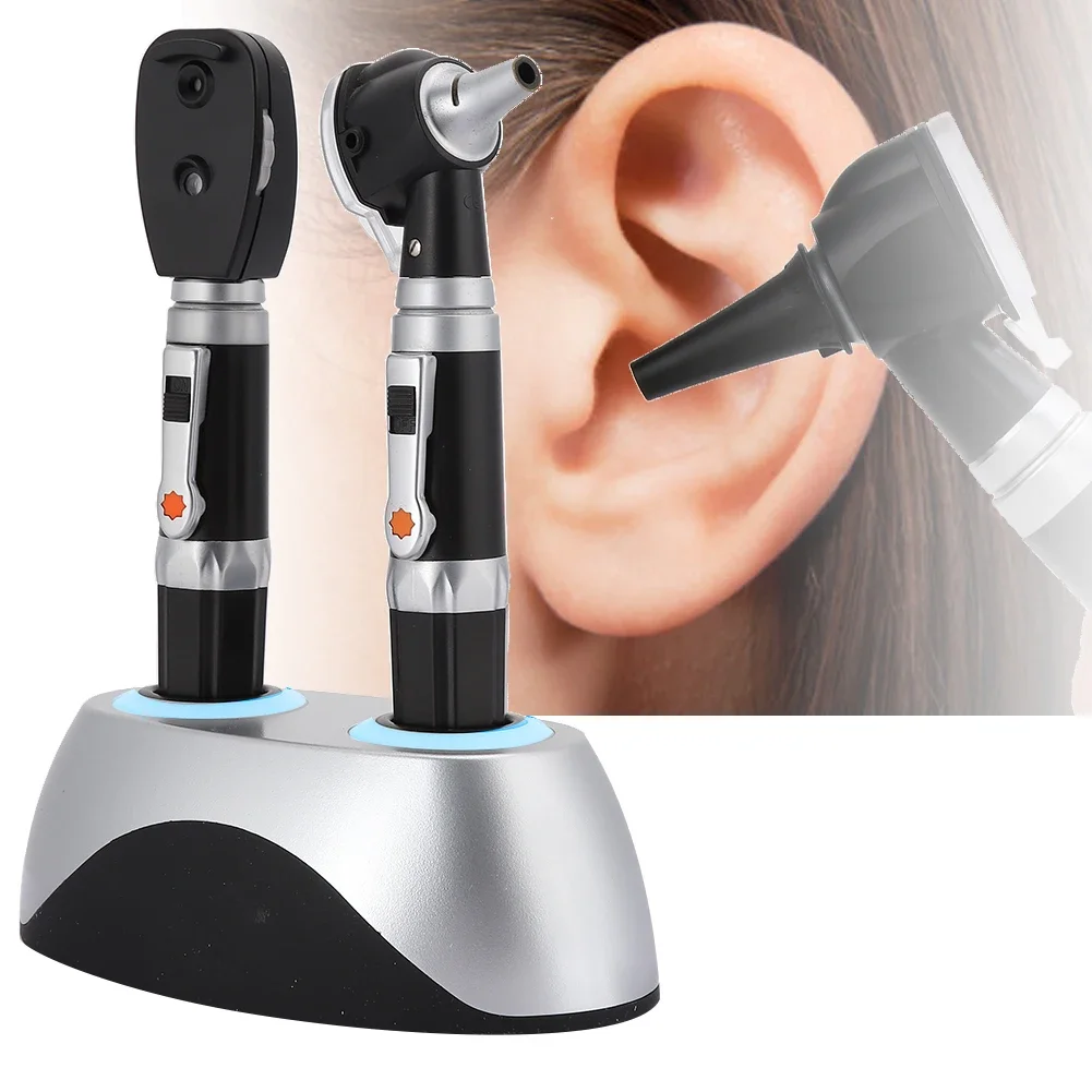 Double Hole Ear Eye Examination Ear Cleaning Devices Base Rechargeable Fiber Optic Ophthalmoscope Otoscope Tool Kit EU Plug USB