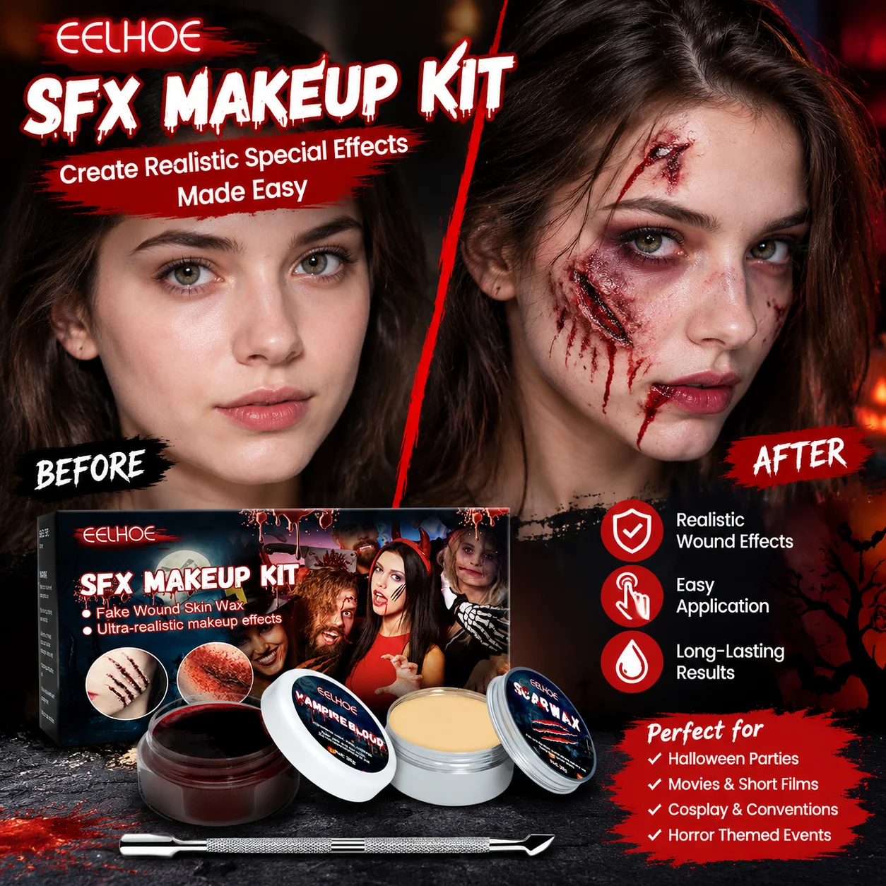 Halloween Makeup Kit Fake Blood Gel Skin Wax Scar Wound SFX Special Effects Costume Prop for Cosplay Parties Realistic 30g