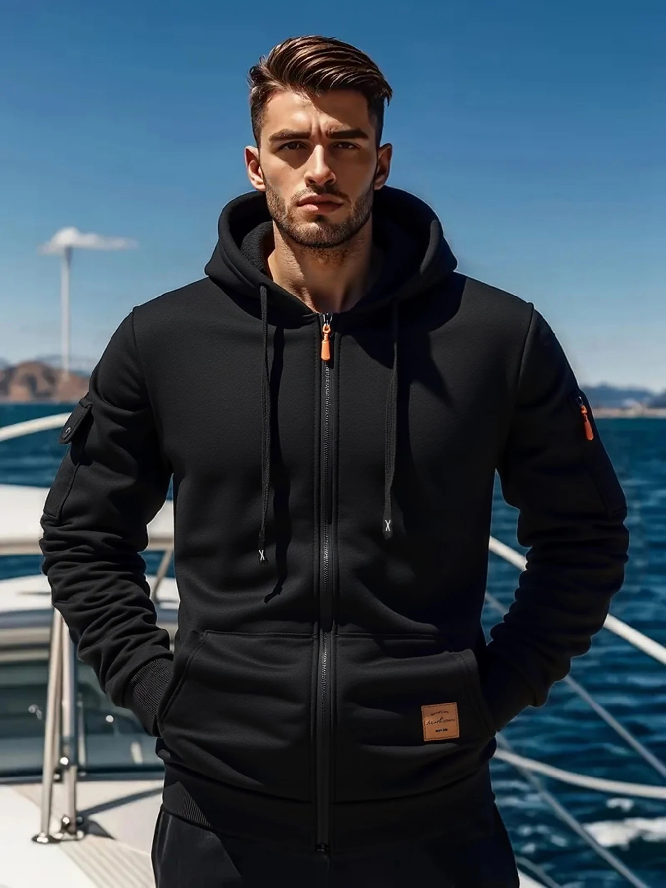 Multi Solid Color Men Thermal Zip Up Hooded Sweatshirt Fleece Lining Decorative Leather Patch Ribbed Edge Design Practical Arm