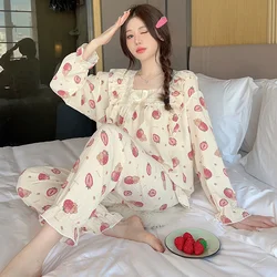 Sweet Print Sleepwear Set Long Sleeve Trousers Wrinkled Cotton Pants Ruffle Home Wear Skin-Friendly Breathable Pajama