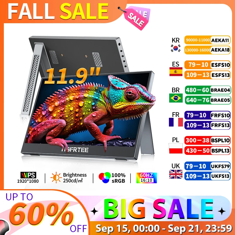 

HGFRTEE 11,9-дюймовый портативный монитор 100% sRGB 1080P с 60 Гц USB-C и HDMI внешний дисплей для XBox PS5 Switch Loptop Second Screen