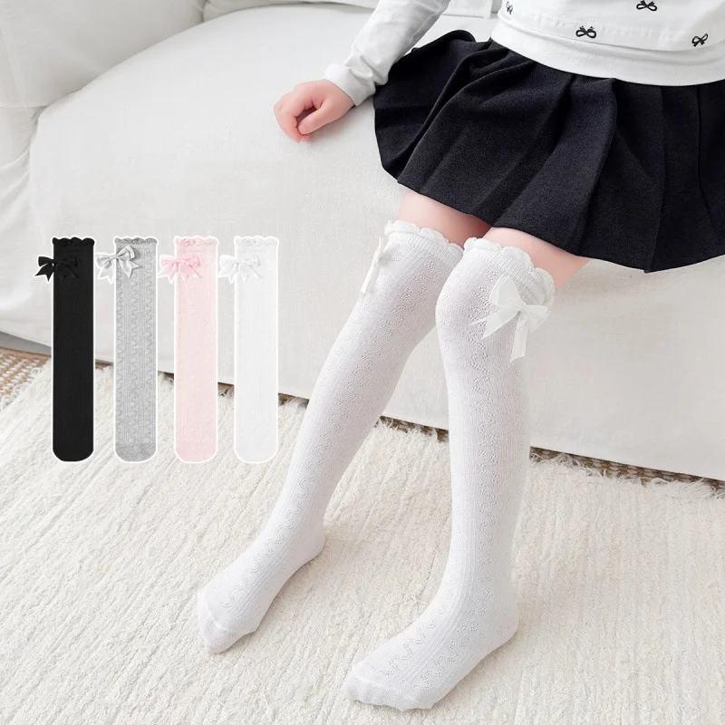 Kids Girls' Long Tube Socks For Girls Spring Summer Thin Children's Wavy Knee-high Socks Cotton Bow Sweet Princess Stockings