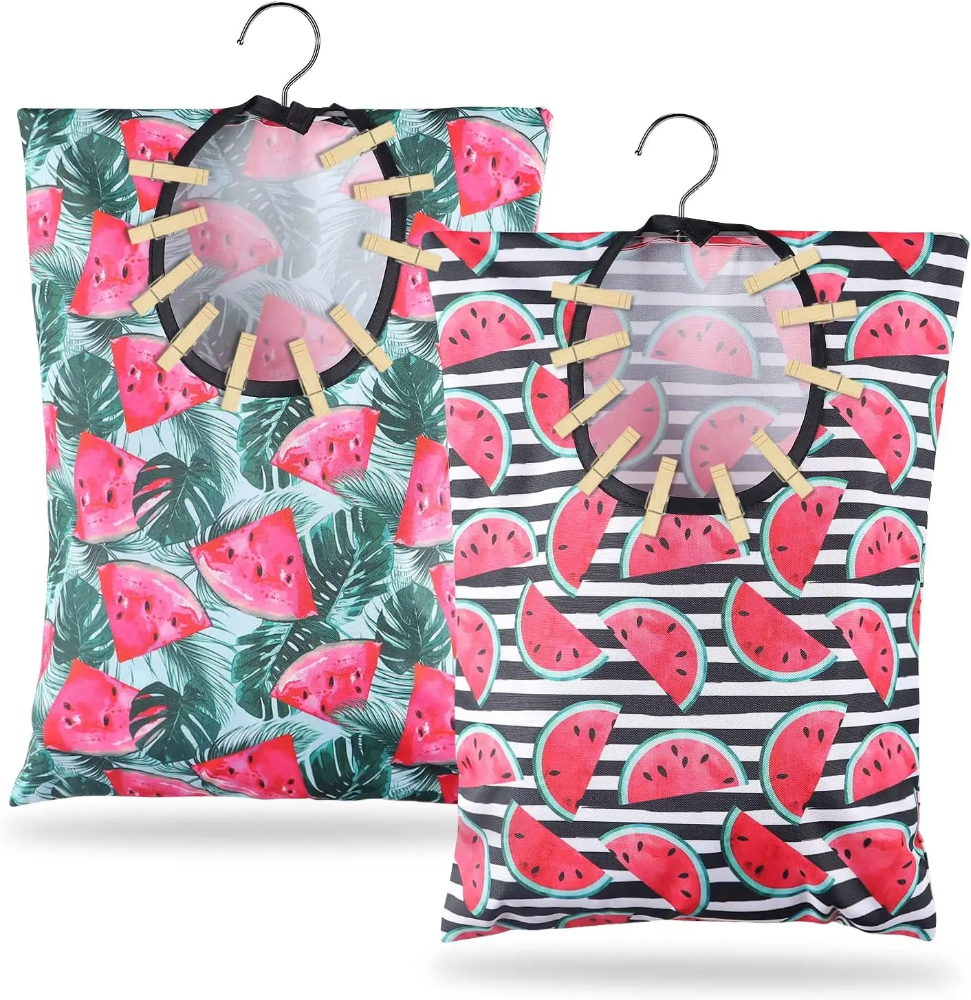 

2 Pcs Watermelon Clothespin Bag with Hanging Hook - 15x11 Inch Laundry Canvas Clothes Pin Holder