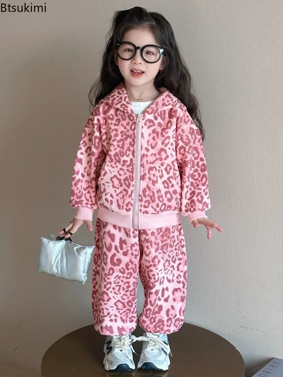 Girls' Spring Clothing Set New Children's Stylish Sportswear Baby Girls Leopard Pattern Long-sleeved Coat+Pants Two Piece Set
