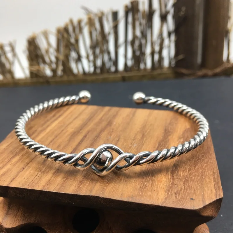 Threaded Beaded Twist S925 Sterling Silver Fortune Bead Bracelet Handmade Weaving