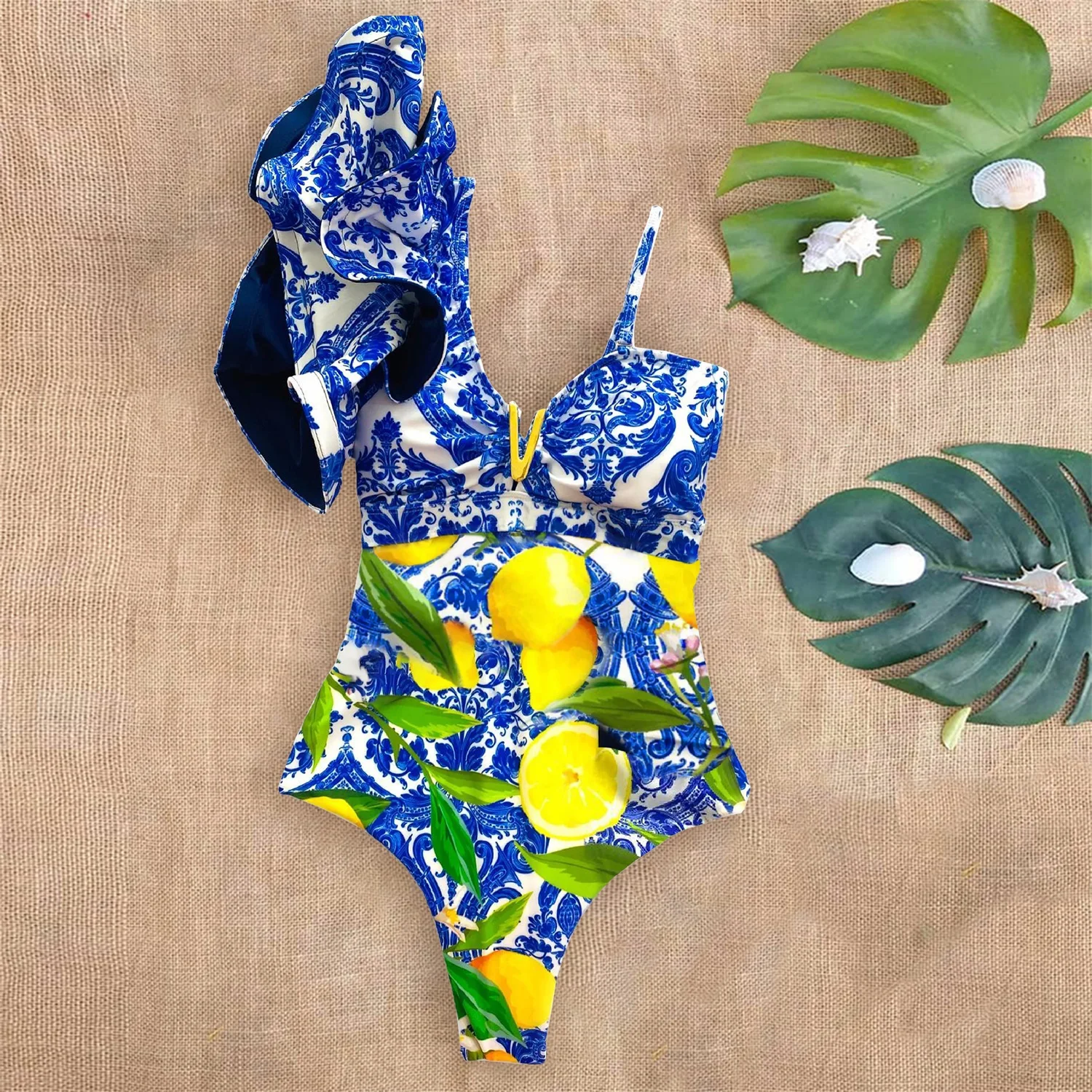 Sexy One Shoulder Ruffle One Piece Swimsuit Print Floral Swimwear Women Swimsuit V Neck Bathing Suit Beachwear Monokini Female