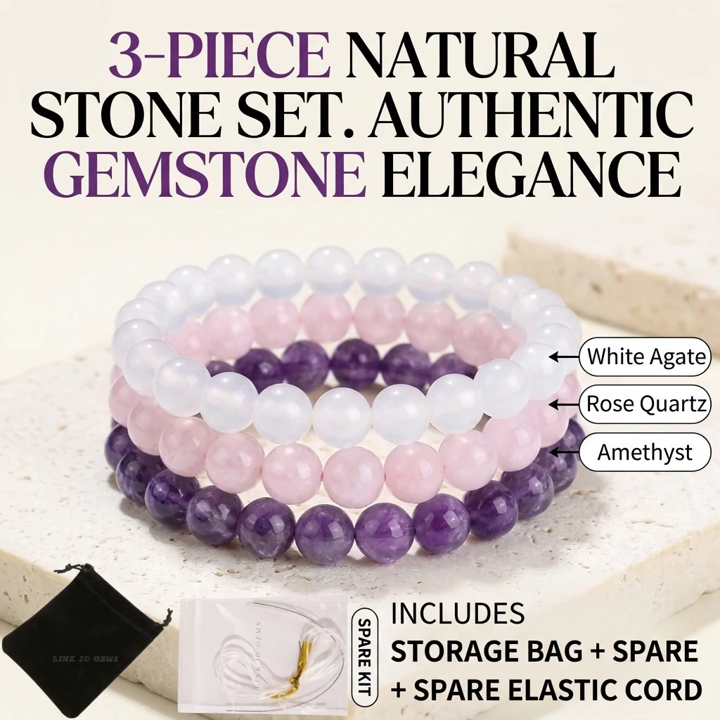 3Pcs Nature Stones Bracelet Rose Quartz Agate Amethyst Beaded Bracelets bangles Men Women Stacking Stretch Harmony Jewelry Gift