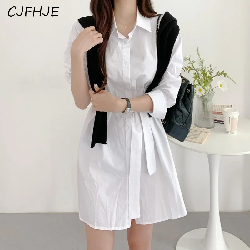 CJFHJE Primavera Moda Versátil Lace Up Camisa Feminina Vestido Coreano Gola Flip Único Breasted Mulheres Vestido Clássico de Manga Comprida