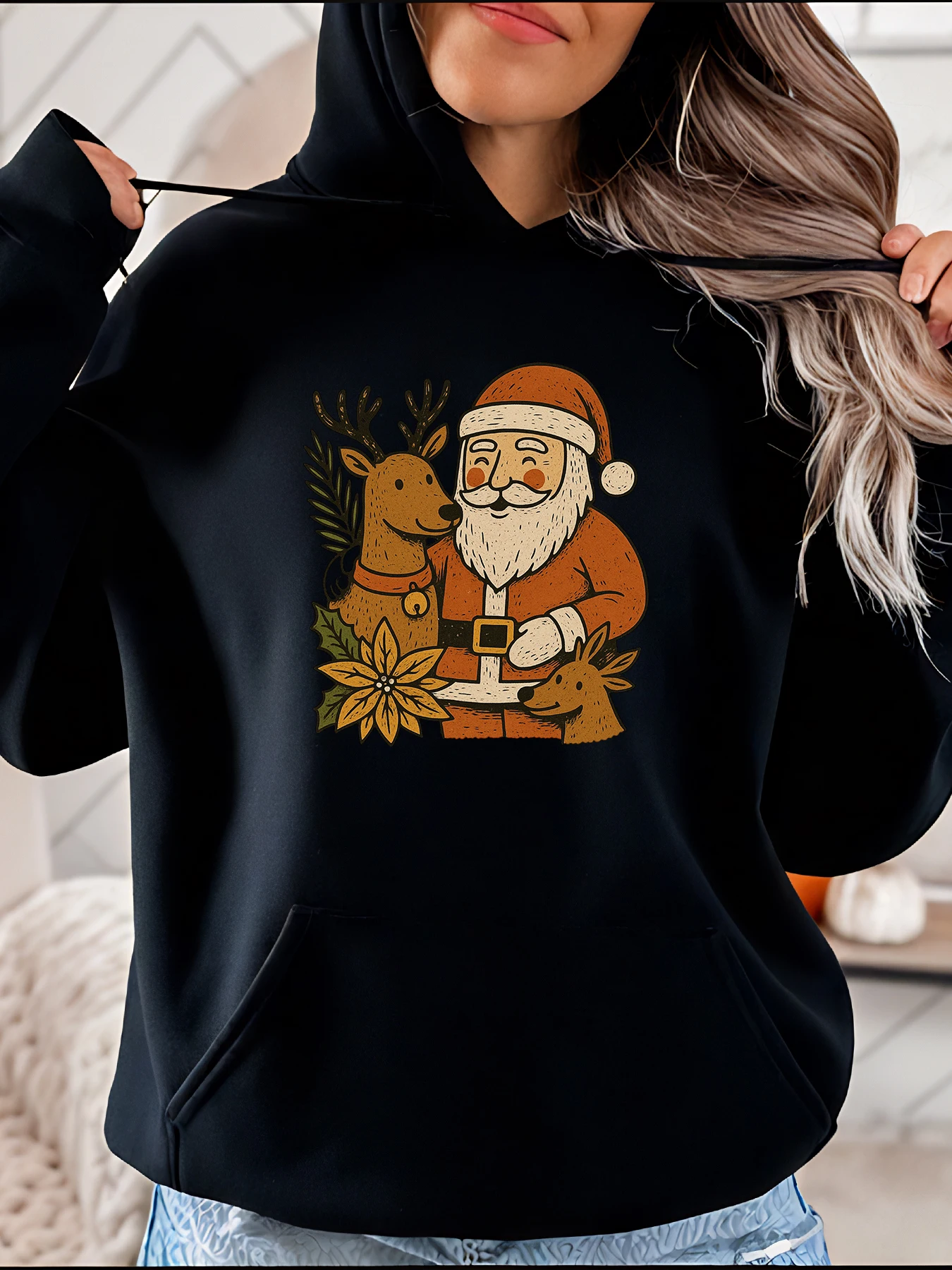 

Рождественская толстовка с капюшоном Санта-Клауса и принтом оленей, теплая хлопковая толстовка, праздничная повседневная одежда для женщин