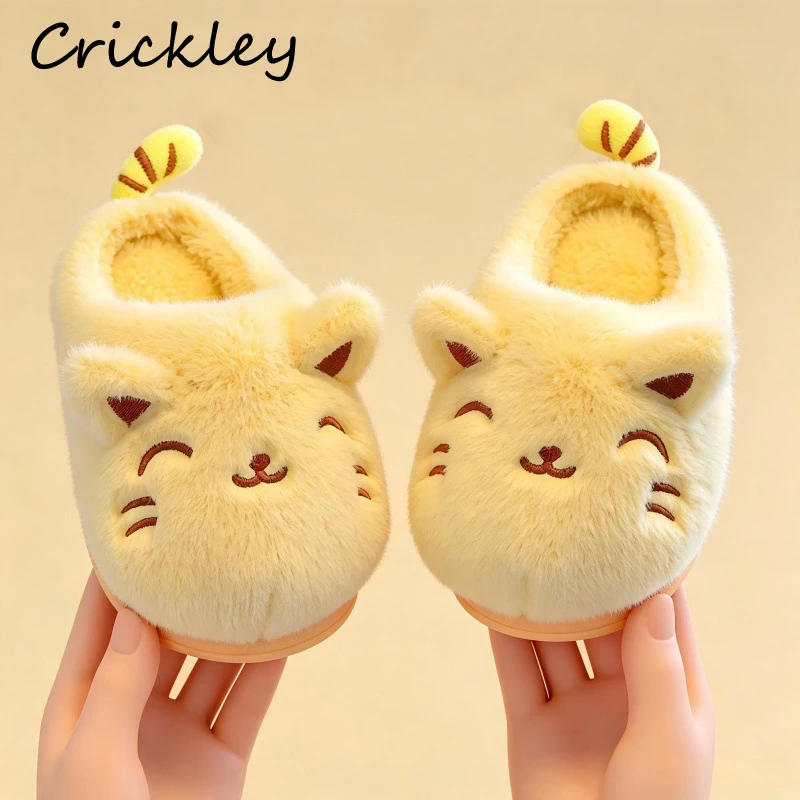 Cute Cat Children Slippers Winter Cartoon Animal 3D Indoor Shoes For Boys Girls Plush Warm Soft Bottom Kids Slippers