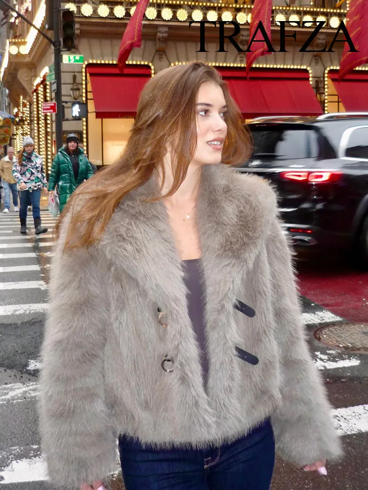 TRAFZA ผู้หญิง Faux FUR ฤดูหนาวเสื้อเปิดลงคอยาวแขนยาวหนาเสื้อแฟชั่นหญิงแขนยาวหลวม WARM JACKET