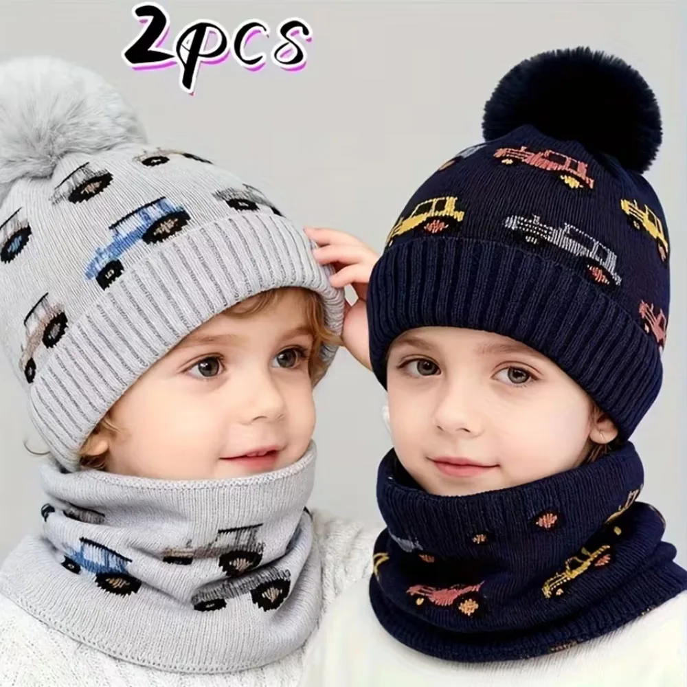 

3-8Y 2pcs Boys & Girls Winter Hat and Scarf Set - Thick Cold-Resistant, Stretch Elastic for warmth Lightweight for daily Outdoor