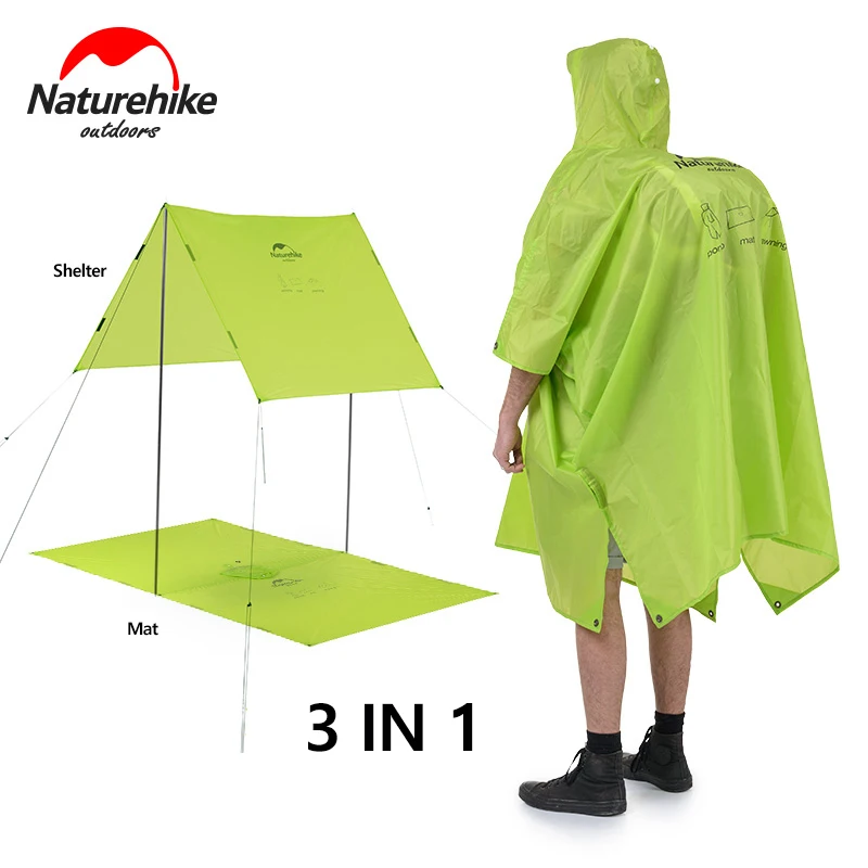 Naturehike Multifunctional Raincoat Outdoor Rain Poncho Women Men Adult Hooded Reusable Rain Coat Camping Tent Mat Mini Tarp