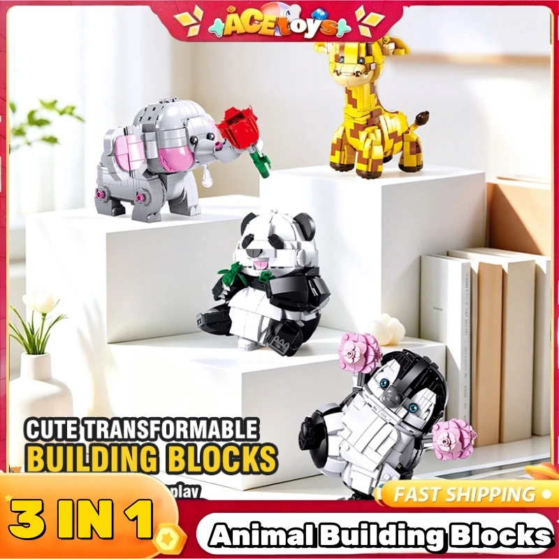 3-in-1 Animal Building Blocks Set Panda Giraffe Penguin Elephant Micro Bricks DIY Assembly Kit Desktop Home Decor for Kids 3+
