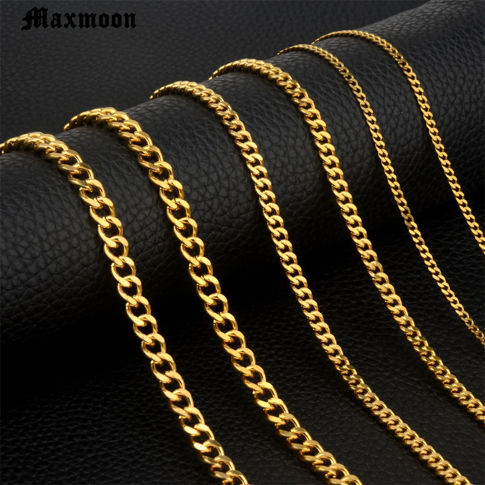 MAXMOON Punk Stainless Steel 3/5/7mm Curb Cuban Necklaces For Men Women Black Gold Basic Link Chains Solid Metal Jewelry Gift