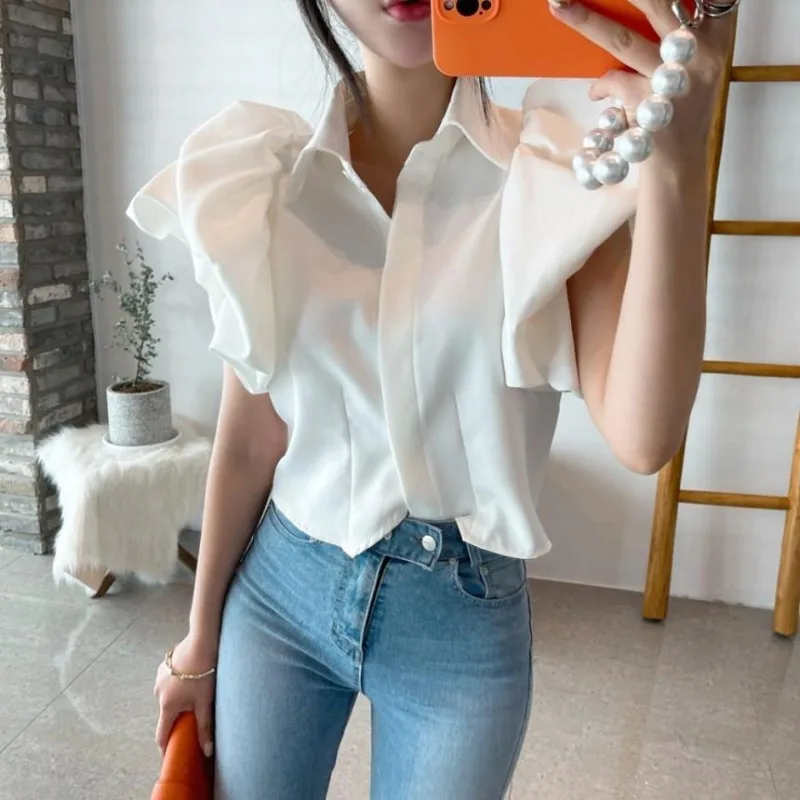 2024 Y2K Women Chiffon Black Shirts Summer Fashion Elegant Puff Sleeve Tops Korean All Match Female Casual Blouse New Blusas