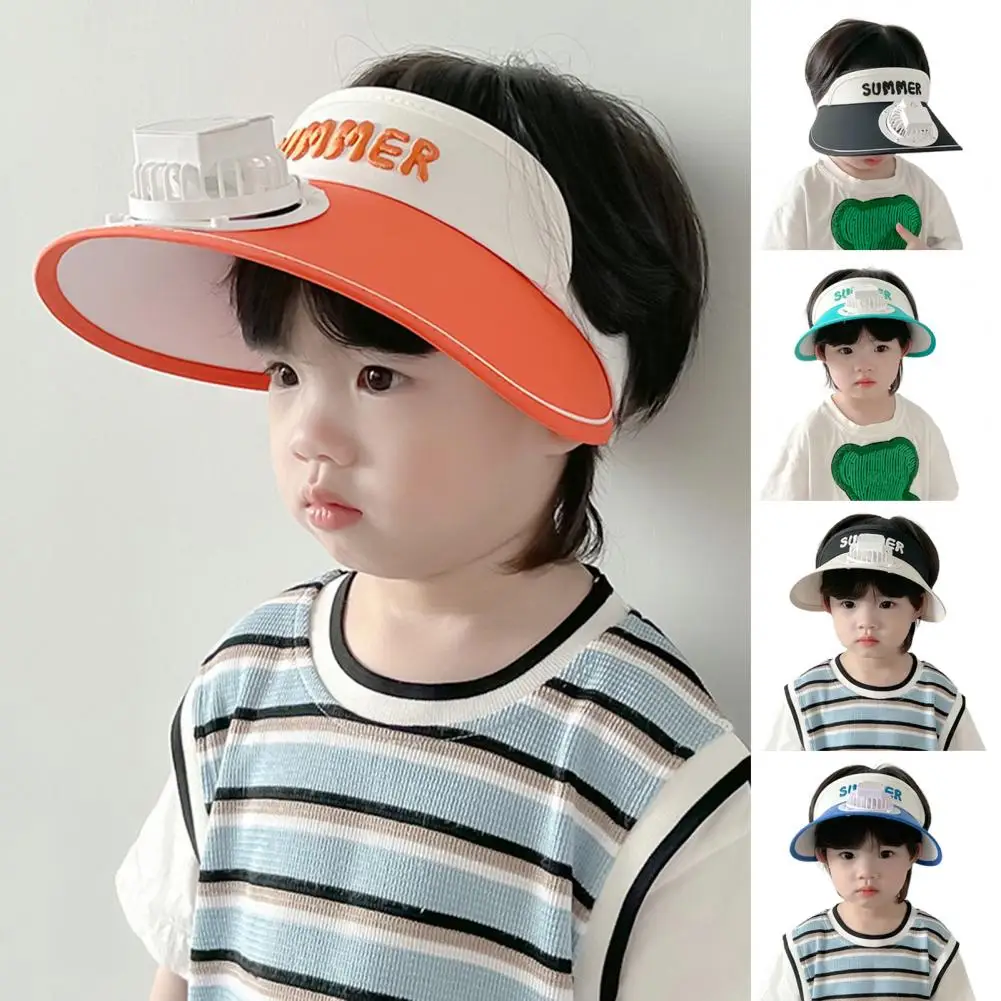 

Summer Children Sun Hat with Mini Cooling Fan Empty Top Wide Brim Visor Hat Hiking Travel Sunscreen Hat Girls Boys Outdoor Sun P