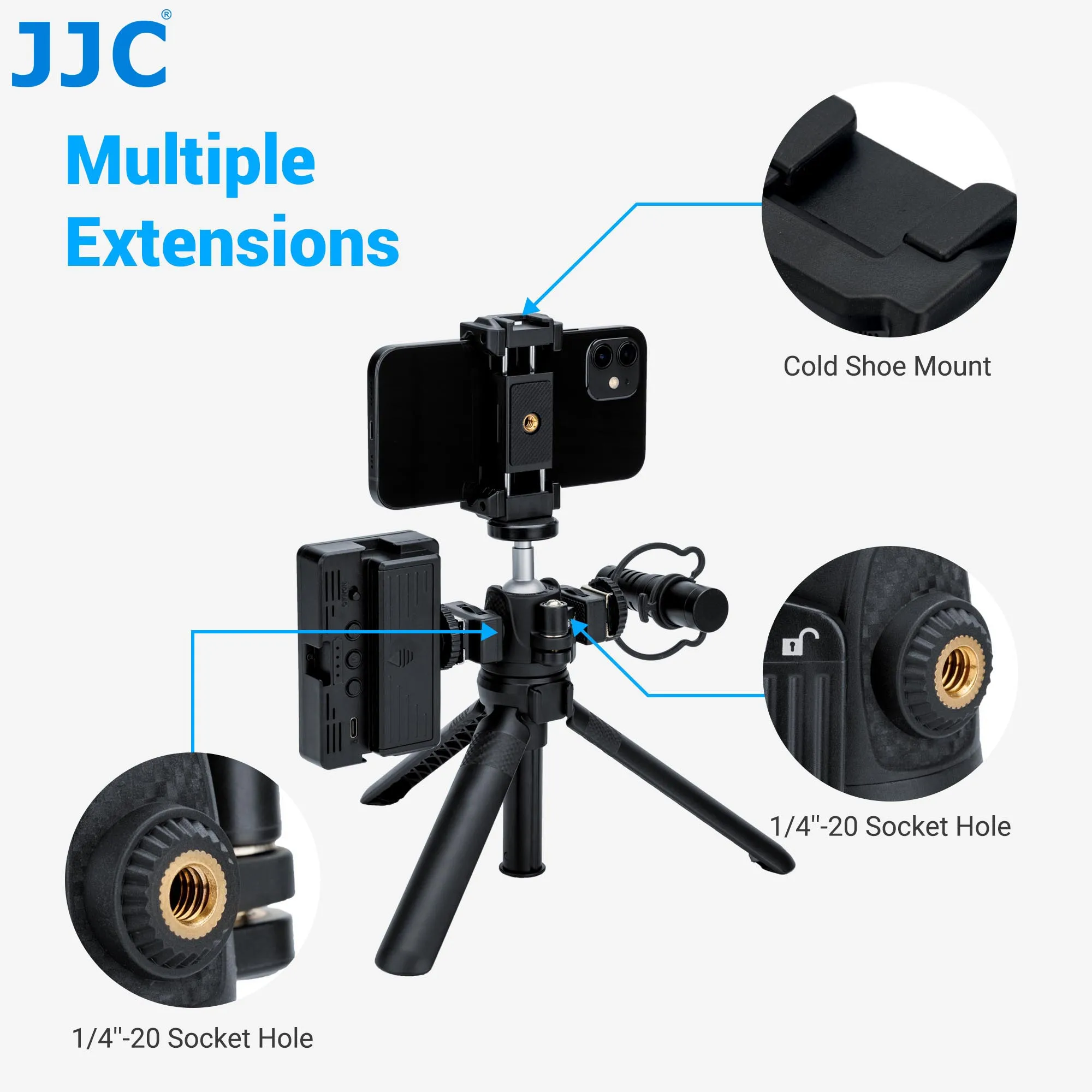 JJC Mini Tripod Selfie Stick Tabletop Tripod Max Load 1.5kg Support Projector Camera iPhone Android Phone GoPro Mic LED Light