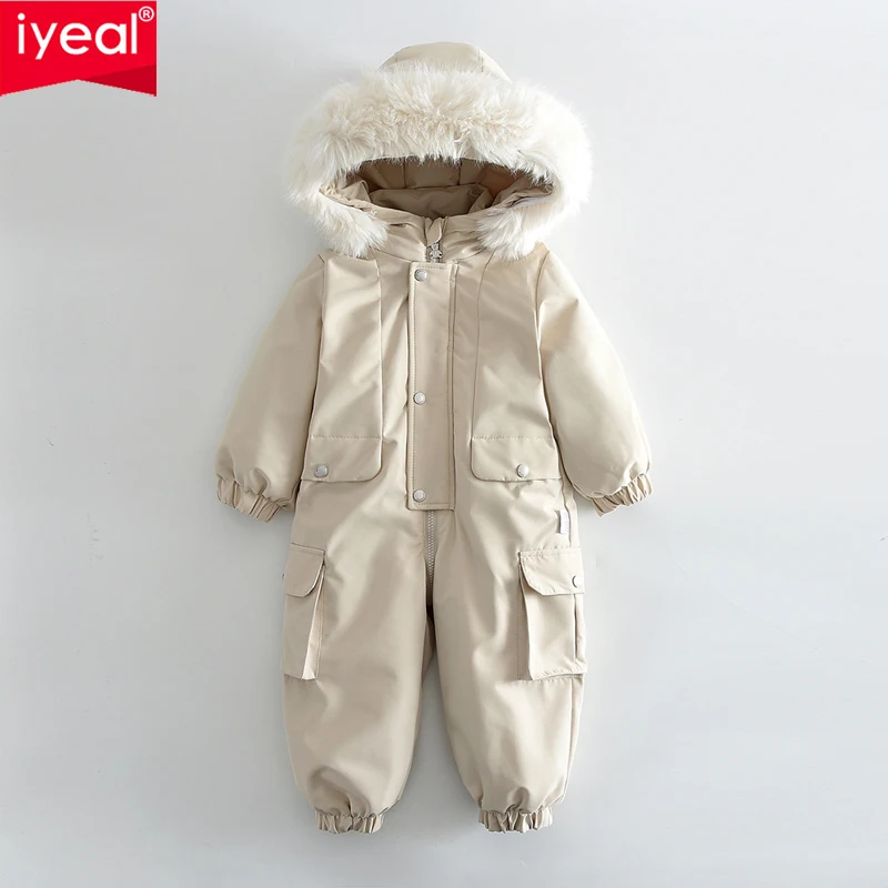 IYEAL Baby Hooded Snowsuit with Faux Fur Trim, Thick Warm Zipper Jumpsuit, Windproof Waterproof Newborn Winter Ski Romper