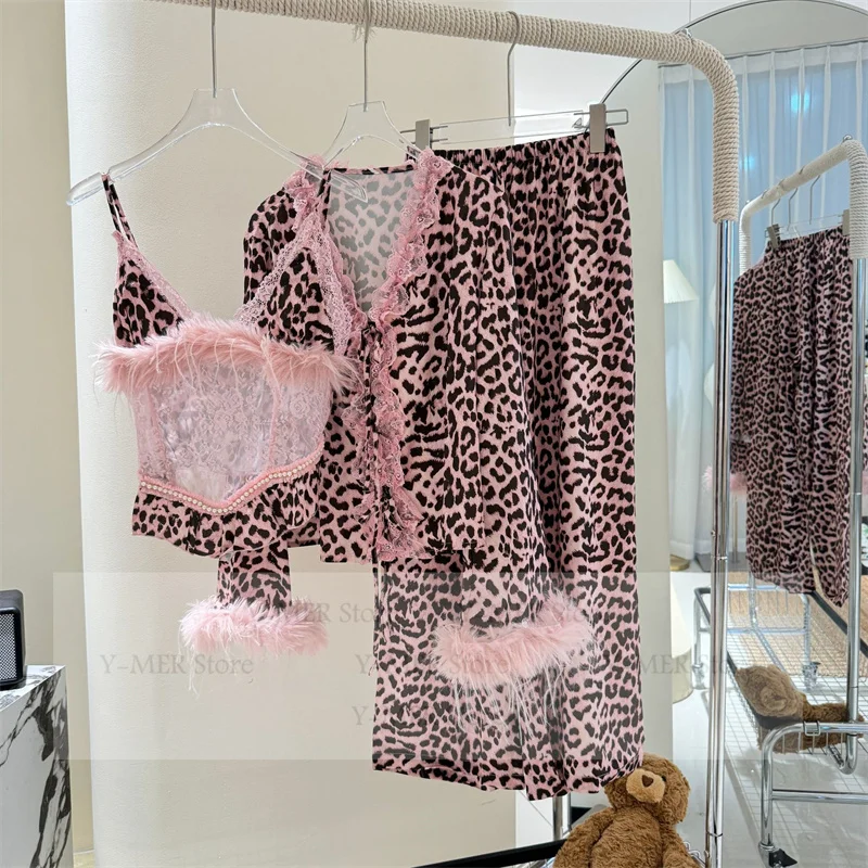 Sexy Pink Leopard Pajamas 3Pcs Sling Top Cardigan Pants Luxury Plush Trim Outfit Women Fashion Home Cloth Ice Silk Pijama Mujer