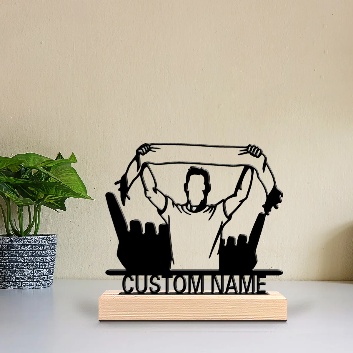 1pc Simple Shaking ball fan Customized Name Tin Statue Metal Ornament Art Figurine With Wood Base Iron Sculpture Home Table