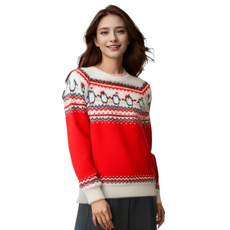 

2024 Winter Women's Christmas Sweater Oversize New Year Retro Women's Clothes Red O-Neck Jumper Jerseys Long Sleeve Top Pullover