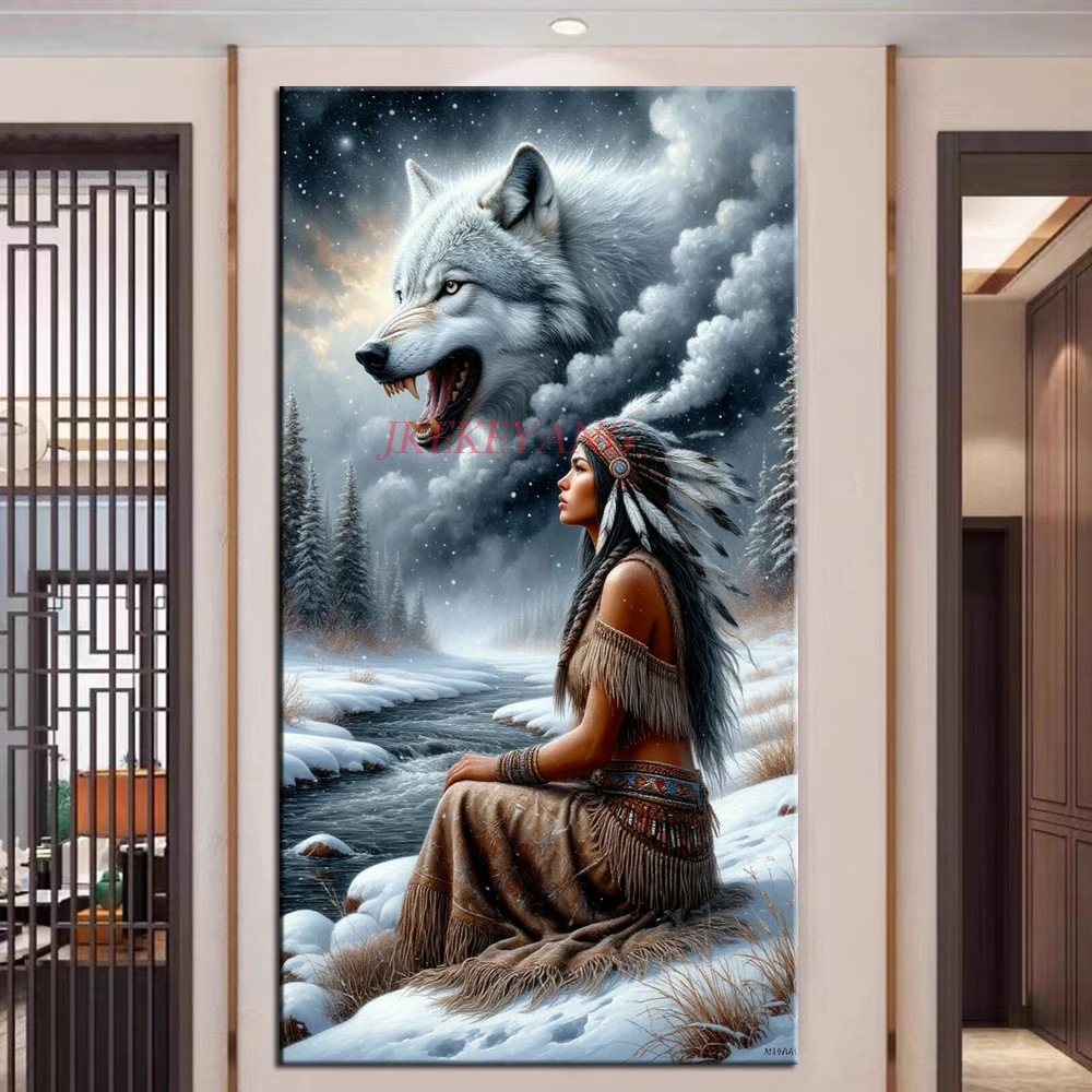 Indian Woman and Wolf Picture DIY Diamond Painting Cross Stitch Full Drills Diamond Mosaic New Collection Home Decor