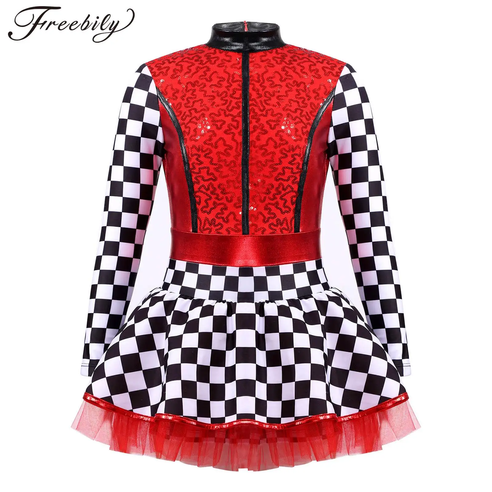 

Kids Girls Racer Racing Driver Costume Sequins Checkerboard Print Cosplay Roleplay Leotard Dress for Halloween Carnival Dress Up