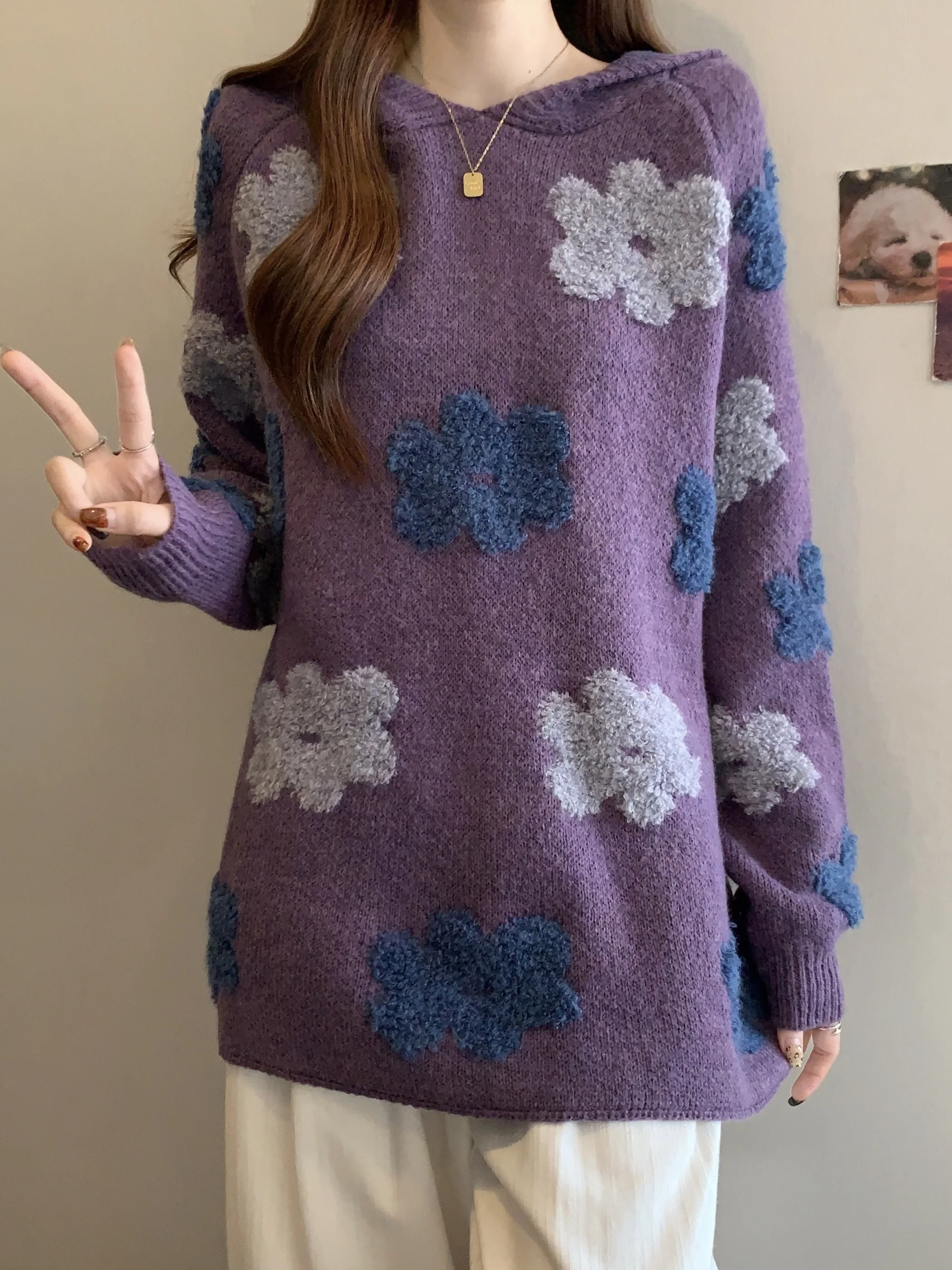 

Unique Beautiful Soft Purple Flower Women's Sweater Autumn 2025 Lazy Sle Unique Soft Outerwear Knitted Long Sve Top